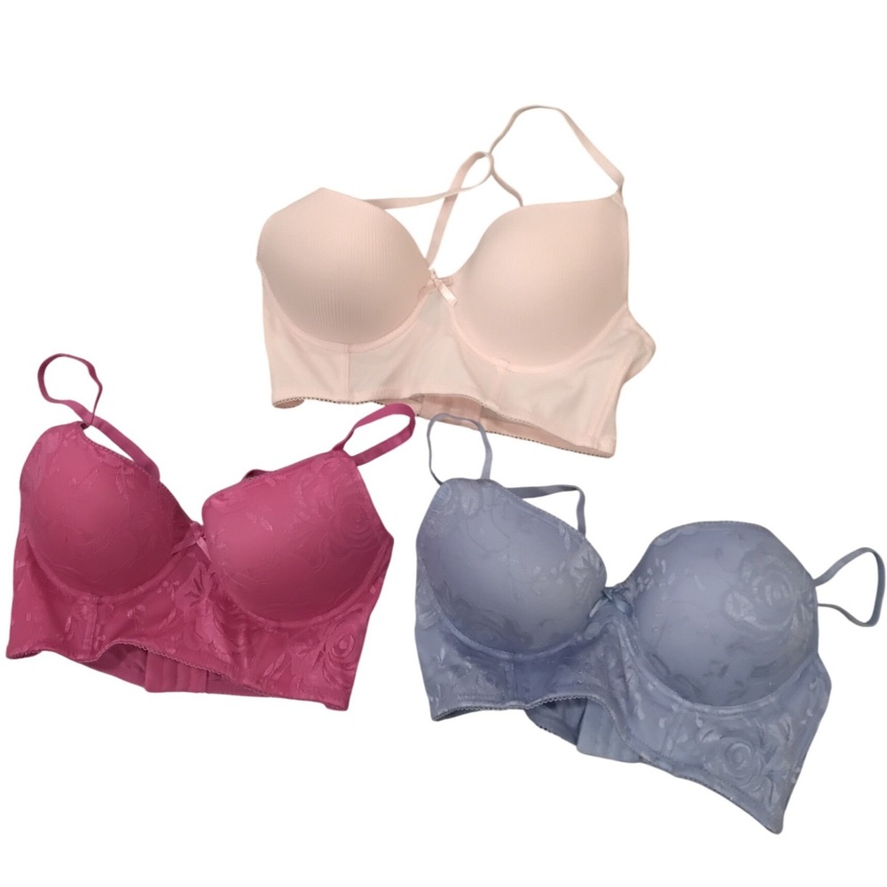 Lot of 3 Longline Underwire Bras 34C Pink Blue Peach Floral Lace Ribbed Strappy